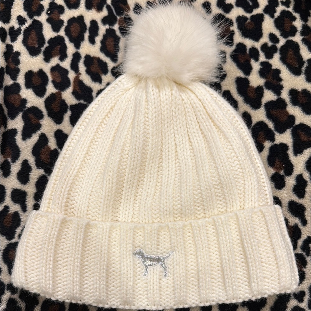 PINK Cream Knit Pom-Pom hat